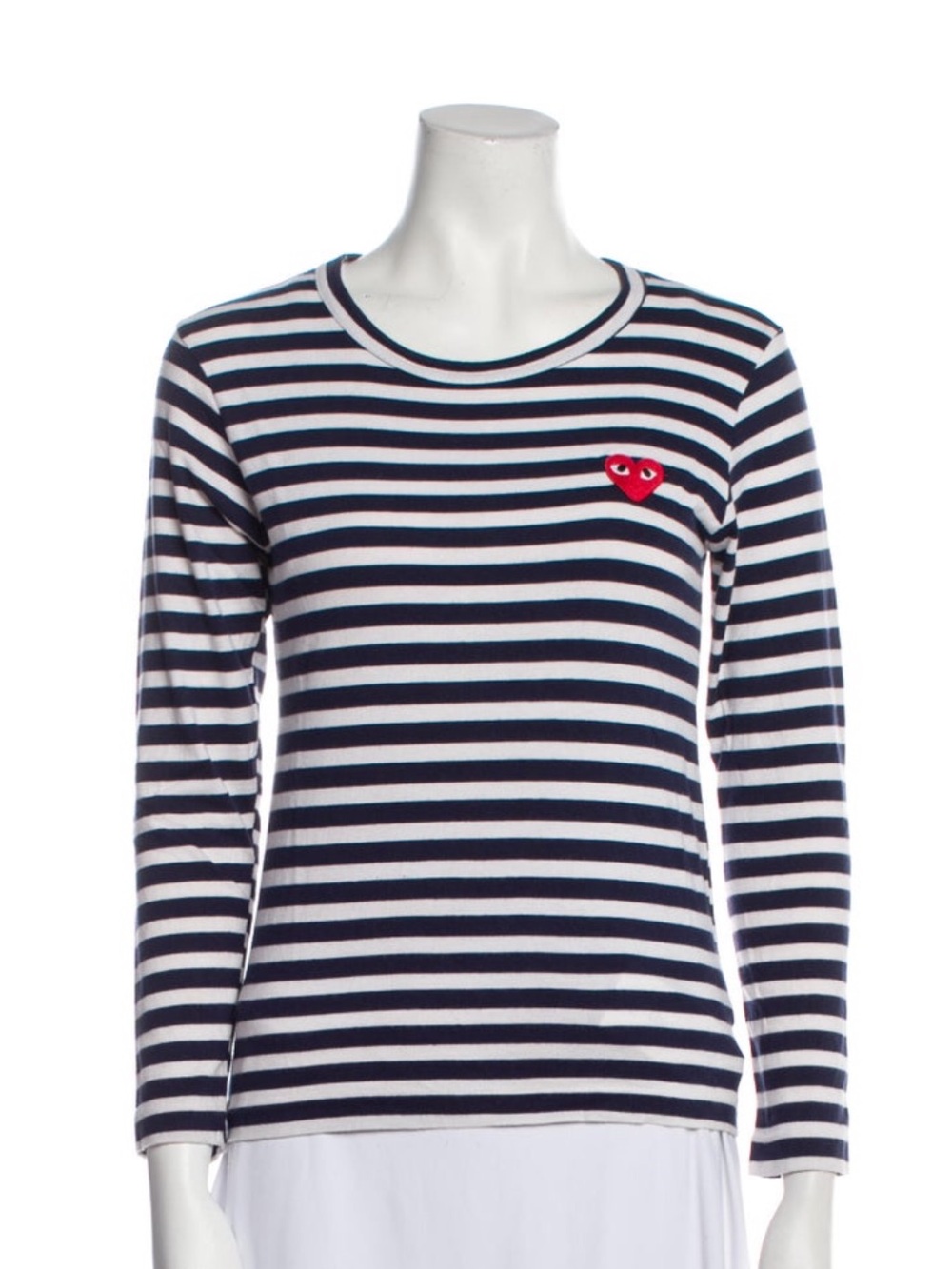Comme des Garcons PLAY Navy & White Striped Long-Sleeve Top with Red Heart Patch